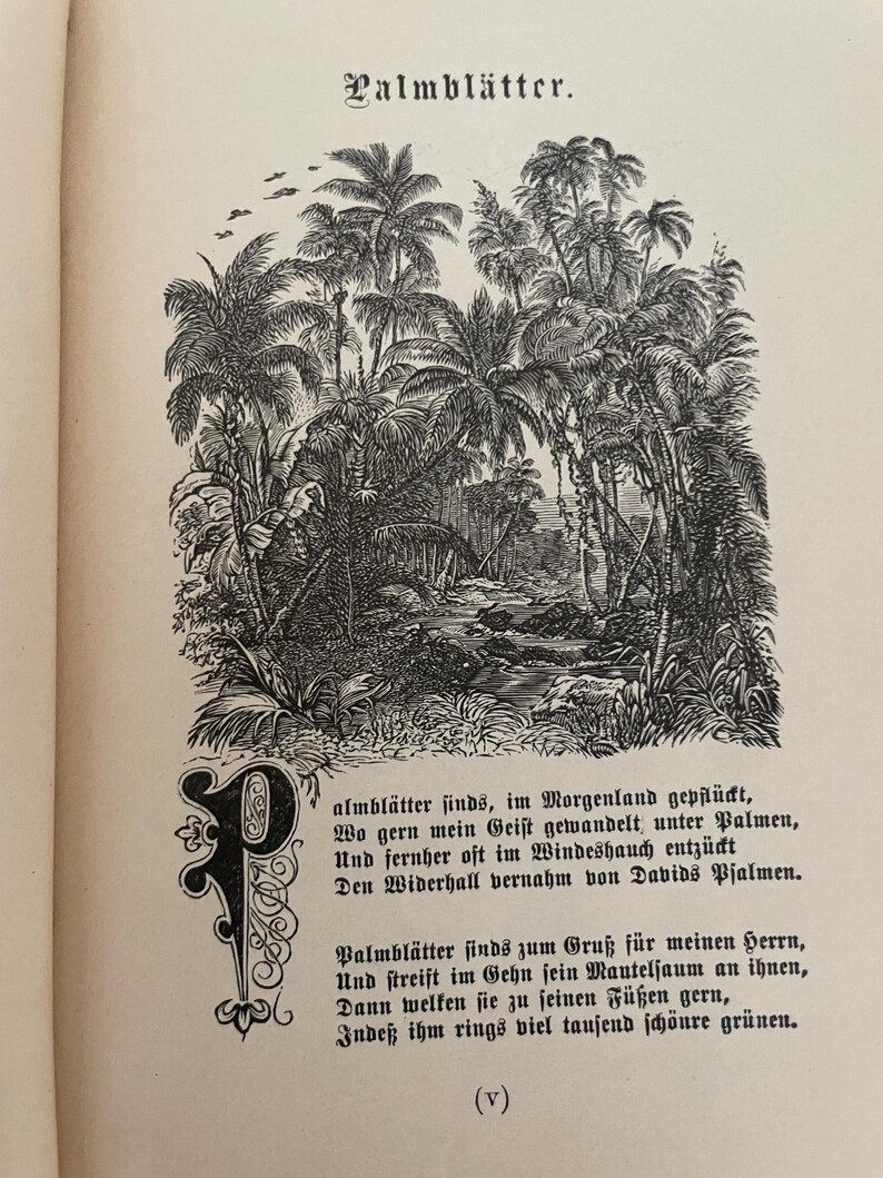 May include: A black and white book page featuring the title Palmbl&auml;tter, a detailed woodcut illustration of a dense tropical palm forest with a stream, and a decorative initial letter P followed by two stanzas of German text in a serif font.