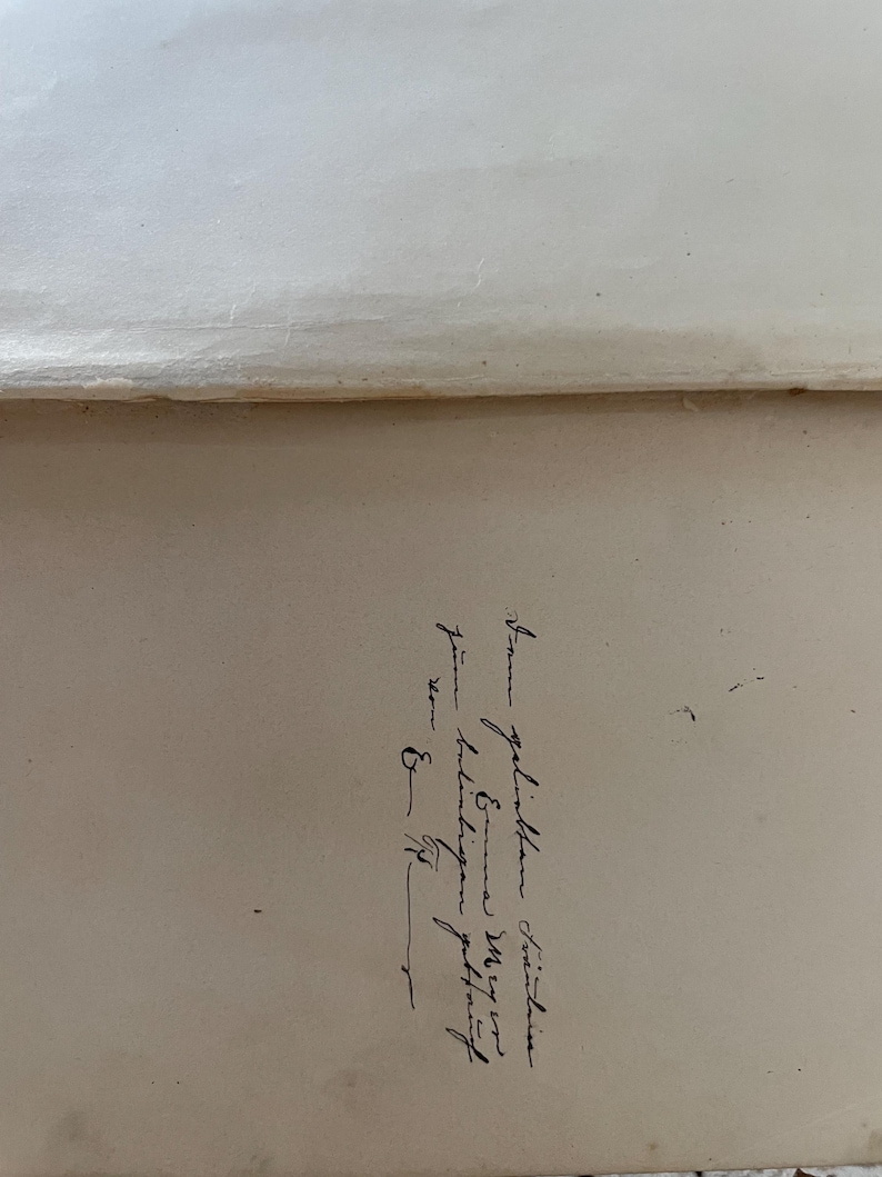 May include: A cream-colored paper surface featuring a handwritten inscription in black ink. The cursive text reads: "Dem geliebten Freunde Emma Meyer zur beliebigen Gedenkung von E. G.". The paper has a smooth texture with a visible horizontal fold line.