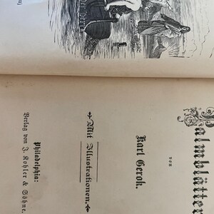 May include: A vintage book page featuring a black and white engraving of a boat scene at the top and German text including the title Palmbl&auml;tter by Karl Gerok, with the publisher listed as Verlag von J. Kohler & S&ouml;hne in Philadelphia.