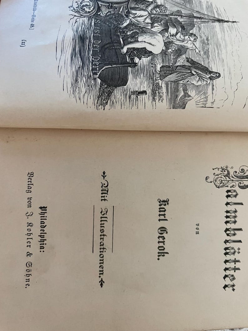 May include: A vintage book page featuring a black and white engraving of a boat scene at the top and German text including the title Palmbl&auml;tter by Karl Gerok, with the publisher listed as Verlag von J. Kohler & S&ouml;hne in Philadelphia.