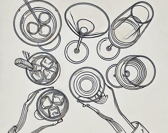 Minimalist Single Line Drawing of Clinking Glasses – Modern Bar Art, Cheers Illustration, Drink Celebration Wall Decor, Black & White