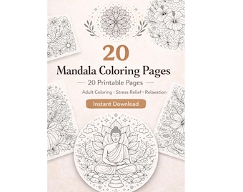Mandala Malvorlagen zum Ausdrucken | 20 Erwachsene Ausmalbilder PDF | Natur, Blumen, Ozean, Schmetterling, Zen Malbuch | Sofort Download