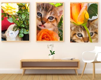 Kitten Rose Wall Art Set - Florale Katze druckbare Kinderzimmer Dekor (digitaler Download)