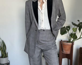 Conjunto de terno vintage xadrez em veludo de lã | Blazer e calça de 2 peças