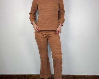 Conjunto de pantalón de punto estilo Mod vintage de los años 70 / Conjunto de dos piezas de manga larga con estampado geométrico vintage