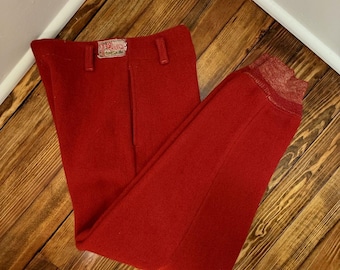 Spodnie myśliwskie Vintage SOO Woolen Mills z wełny w kolorze czerwonym, z mankietami, do użytku na zewnątrz, USA, ciężkie