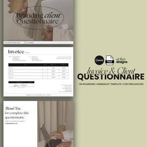 Puede incluir: Una plantilla minimalista para autónomos, que incluye una factura y un cuestionario para clientes. La plantilla está diseñada para usar con Canva y está disponible para descargar en PDF. El texto "Factura y cuestionario para clientes" se muestra en negrita, en color negro.