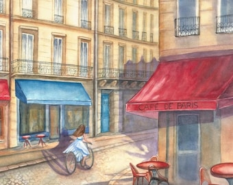 Paris Street Scene Watercolor Painting – Café de Paris, French Wall Art (29"x21") - Original Painting by Katherine Miller