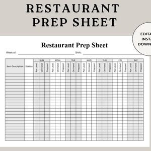 Könnte beinhalten: Ein weißes Restaurant-Vorbereitungsblatt mit einem Raster zur Verfolgung von Inventar und Aufgaben. Das Blatt enthält Abschnitte für Artikelbeschreibung, Station und tägliche Spalten für Sollbestand, Bestand und vorbereitete Mengen. Der Text "Restaurant Prep Sheet" steht oben.