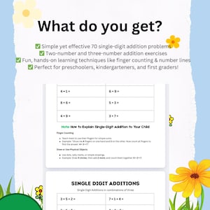 May include: A printable worksheet with 70 single-digit addition problems for preschoolers, kindergarteners, and first graders. The worksheet includes two-number and three-number addition exercises. It also includes tips on how to explain single-digit addition to children using finger counting and physical objects.
