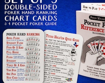 May include: A set of poker reference materials, including five double-sided poker hand ranking chart cards and a pocket poker guide. The guide features illustrations and instructions for Texas Hold'em and 7-card stud.