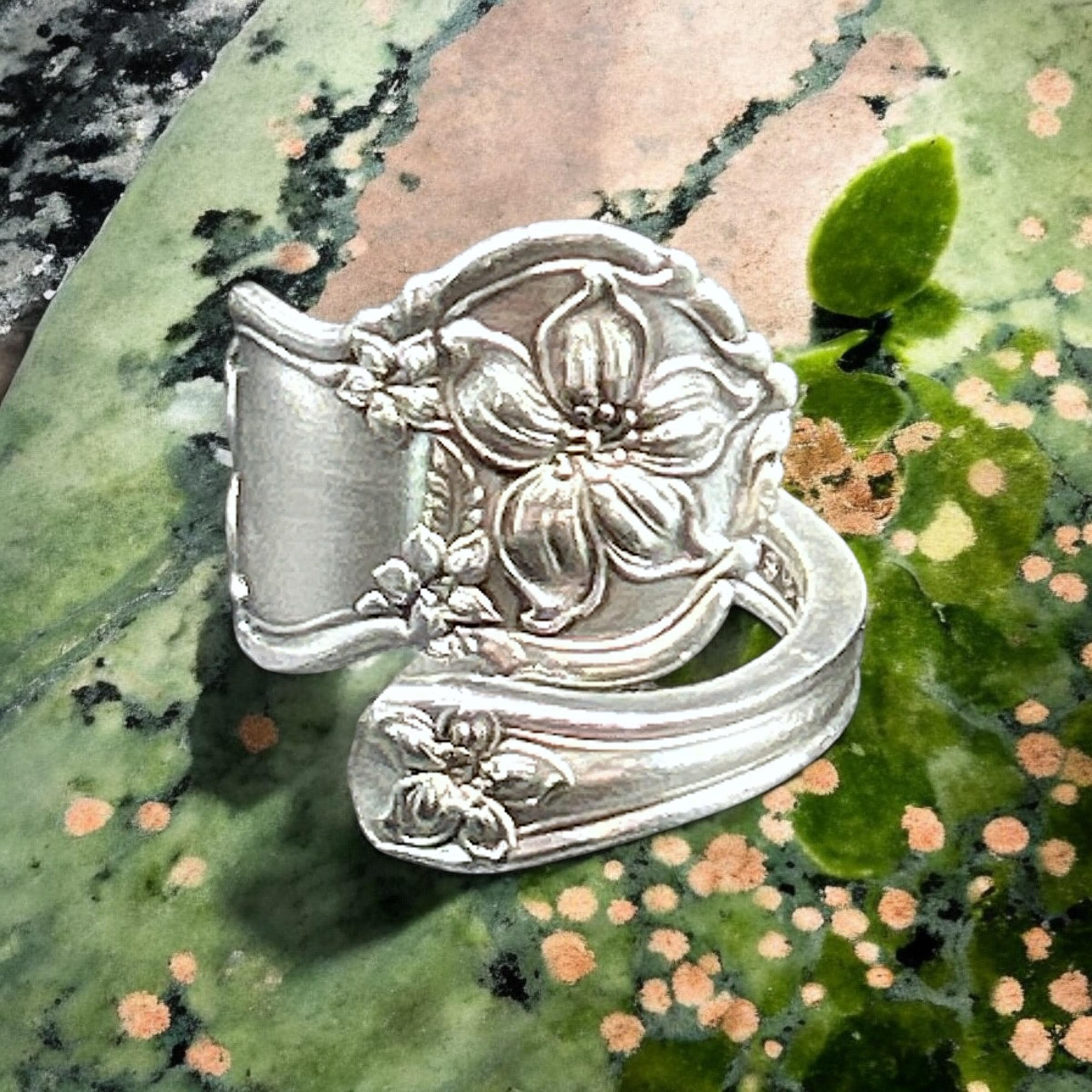 Flower Embellished Adjustable Spoon Ring For Women - Sterling Silver Plated, Sizes 5 To 11