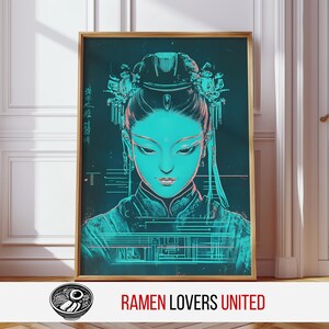 Neon Geisha Portrait - Printable Wall Art, Teal Gradient Asian Art Print, Futuristic Digital Decor, Elegant Wall Decor, Unique Artwork 528
