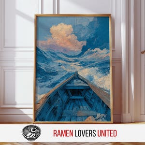 May include: A framed print of a seascape painting. The artwork depicts a boat sailing through turbulent blue waters under a dramatic sky with clouds. The boat is painted in shades of blue, and the frame is a warm gold color.