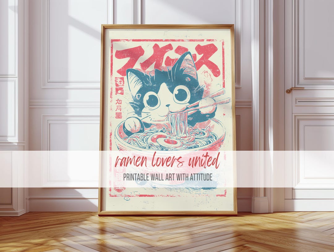 Printable Vintage Japanese Cat Poster - Cute Noodle Art, Retro Style ...