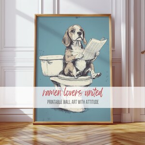 Vintage Dog Illustration: Blue & White Bathroom Art, Cottagecore Print (Digital Download)