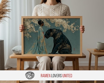 Stampa artistica di ispirazione asiatica raffigurante una donna con una pantera, scena floreale vintage (download digitale) 4797