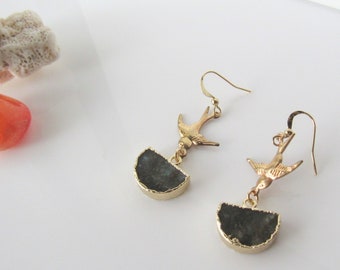 Labradorite earrings gold - swallow bird, boho earrings dangle, half moon, women