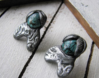 Crescent moon stud earrings, Campitos turquoise, silver post earrings, stainless steel stud, bohemian earrings