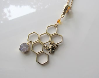 Honeycomb necklace for women - gold pendant, geometric, resin bee necklace, bohemian