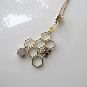 Honeycomb necklace for women - gold pendant, geometric, resin bee necklace, bohemian