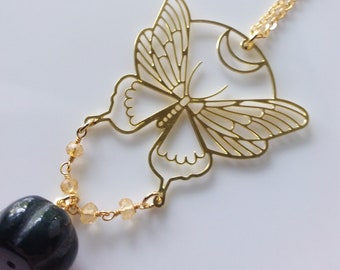 Gemstone pumpkin necklace, autumn style, pendant necklaces for women, fall leaves, butterfly, celestial