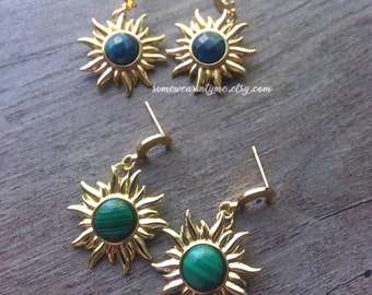 Malachite earring studs for women - celestial sun and moon, gold dangle, statement