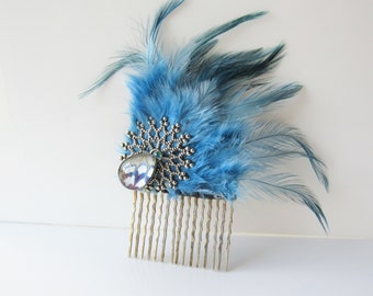 Silver and blue hair comb - butterfly wing, blue fascinator, snowflake comb, winter wedding