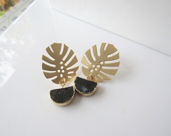 Monstera leaf earrings gold - statement, labradorite gemstone dangle, nature stud earrings for women