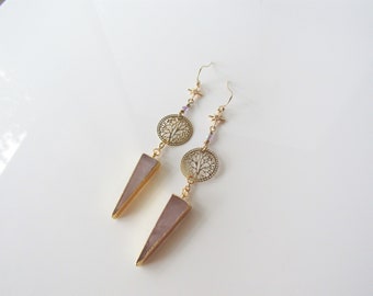 Rose quartz earrings dangle - dragonfly wing, gold statement earrings for women, boho dangle