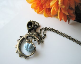 Crescent moon necklace - dragon pendant, autumn, fantasy necklace, pumpkin necklace for women