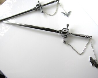 Bat hair pin -  silver hair stick, gothic bat, black sword hair pin, hair chain, dagger hair pin, women, gothic men, alternative