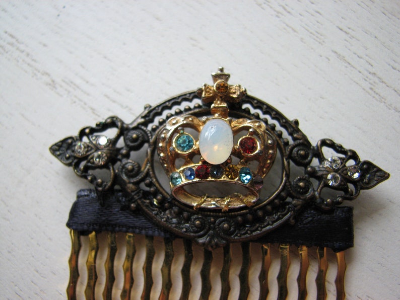 Gold crown hair comb rhinestone hair piece, fake opal, decorative hair piece, baroque frame image 5