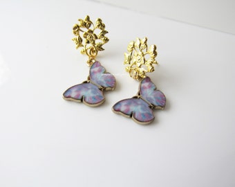 Butterfly stud earrings - gold dainty, flower dangle earrings for women, colorful