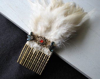 Gold hair comb bridal - vintage headpiece, feather fascinator, bride to be, blue, tudor