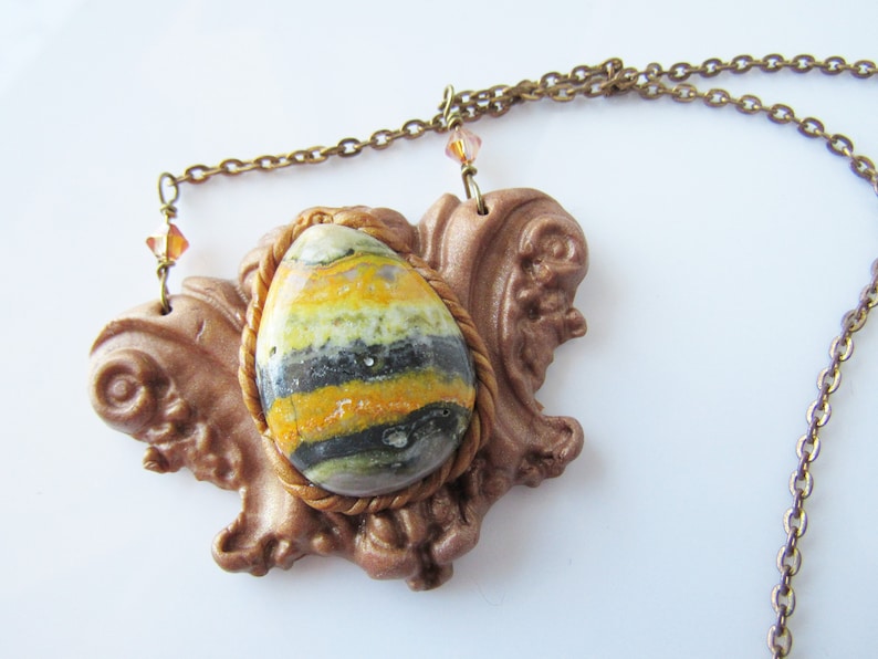 copper color Bumble bee jasper necklace yellow stone statement necklace gold clay gemstone pendant