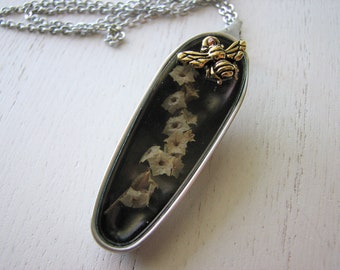 Bee necklace silver - pendant for women, flower, spoon pendant, bohemian necklace, nature lover, gardener
