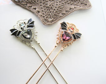 Skull hair pin fork - bat wings, crystal hair stick, gothic wedding, women, floral