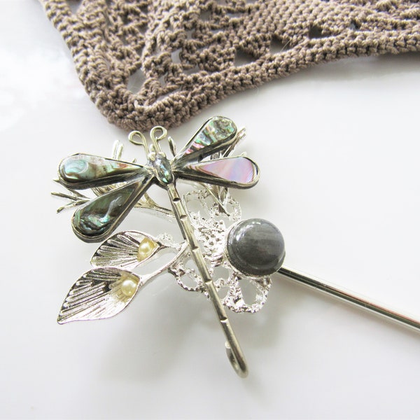 Dragonfly hair pin piece - floral hair stick, abalone hair piece, insect hair pin
