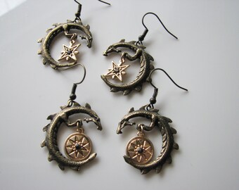 Crescent moon earrings- dragon dangle, crystal, galaxy stars, celestial