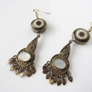 Brass earrings dangle - boho chandelier, mother of pearl, bohemian, statement