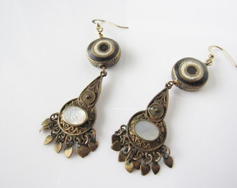 Brass earrings dangle - boho chandelier, mother of pearl, bohemian, statement