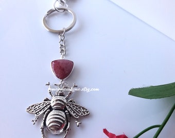 Silver bee key ring, rhodonite gemstone, nature lover gift, key fob, large keyring, womens keychain