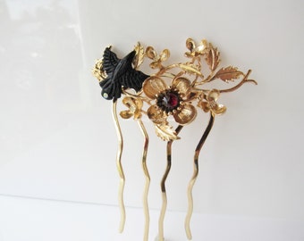 Floral hair piece - raven bird hair comb, carved horn, garnet gemstone, decorative wedding, women