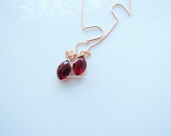 Pendientes colgantes de granate - enhebrador de oro rosa, piedras preciosas facetadas, pendientes colgantes de marquesa, mujer