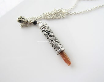 Crystal point necklace - silver tube pendant, scrolled cylinder, quartz gemstone, blue goldstone, necklaces for women