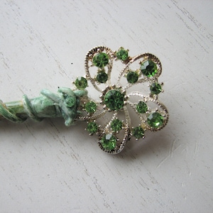 Green rhinestone shawl pin holly wood, decorative pin, spring flowers, snowflake, nature inspired image 1