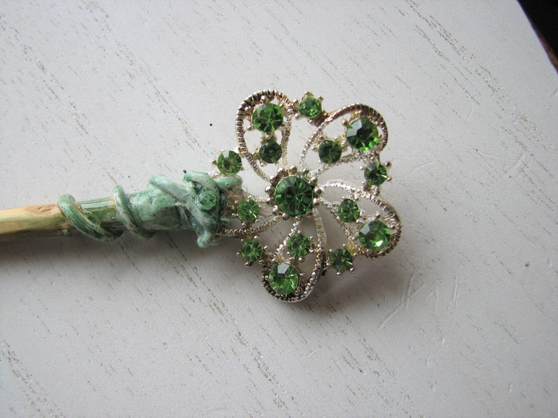 Green rhinestone shawl pin holly wood, decorative pin, spring flowers, snowflake, nature inspired image 1
