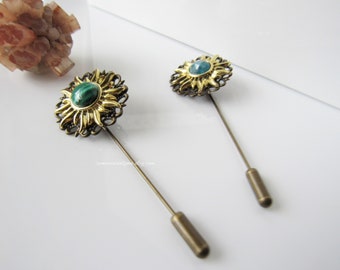 Gold sun pin - celestial wedding, lapel pin women, stick pin brooch, boutonniere for men, gemstone, malachite, apatite