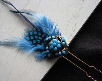 Blue hair pin, gold hair fork, vintage style, feather fascinator, metal fork, spiral